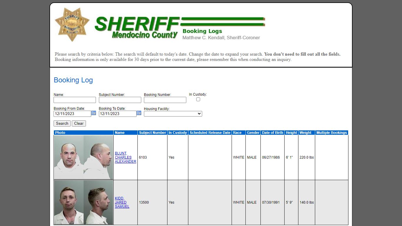 Booking Log - Mendocino County Sheriff's Office