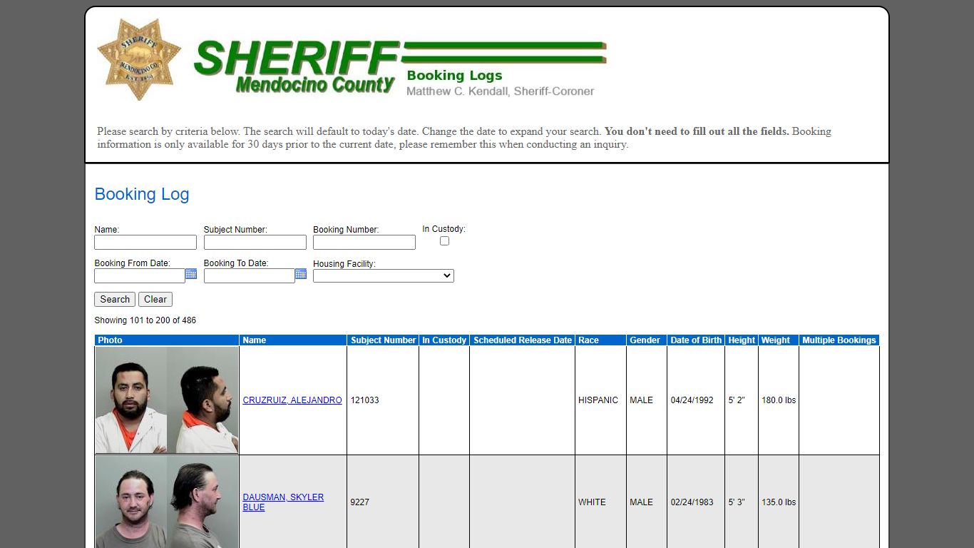 Booking Log - Mendocino County Sheriff's Office
